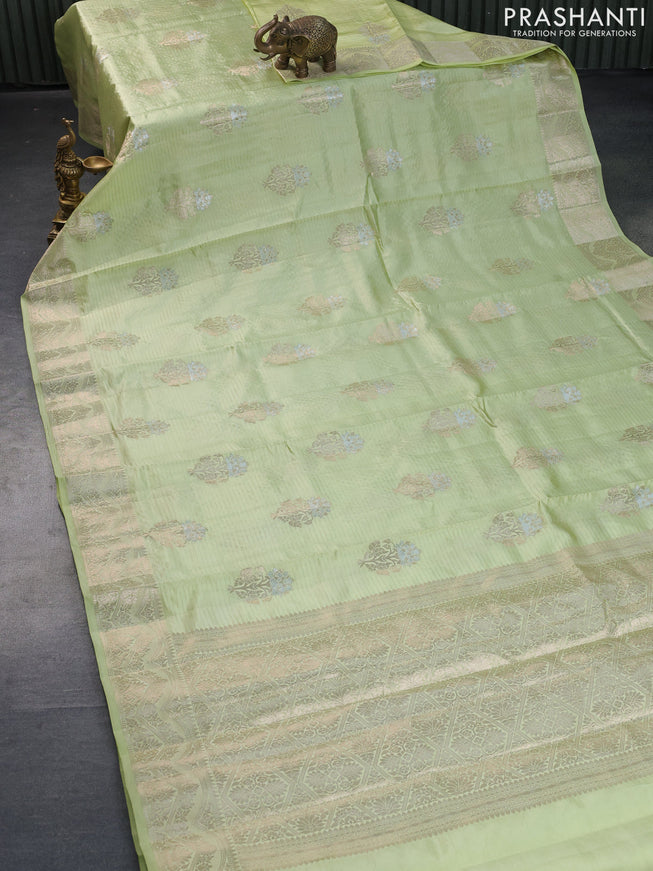 Banarasi poona silk saree pista green with allover zari stripe & buttas and zari woven border