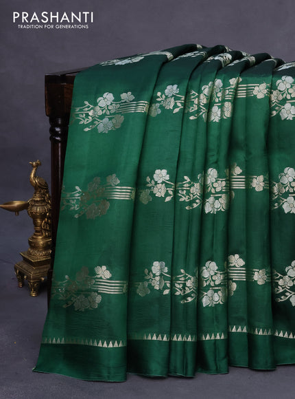 Banarasi poona silk saree dark green and red with allover floral zari weaves and zari woven simple border