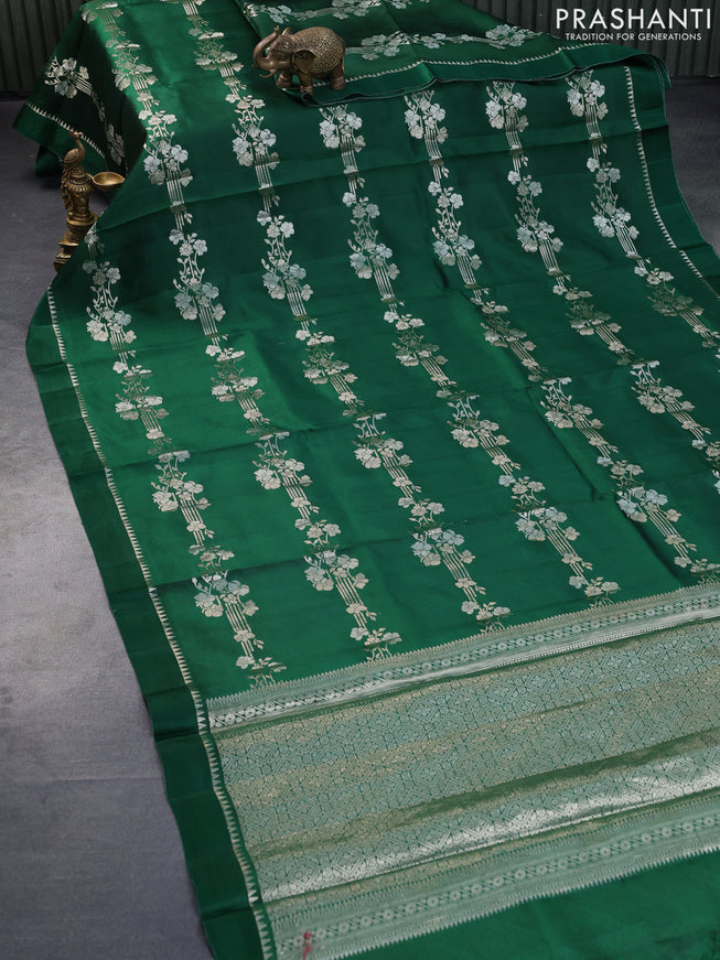 Banarasi poona silk saree dark green and red with allover floral zari weaves and zari woven simple border