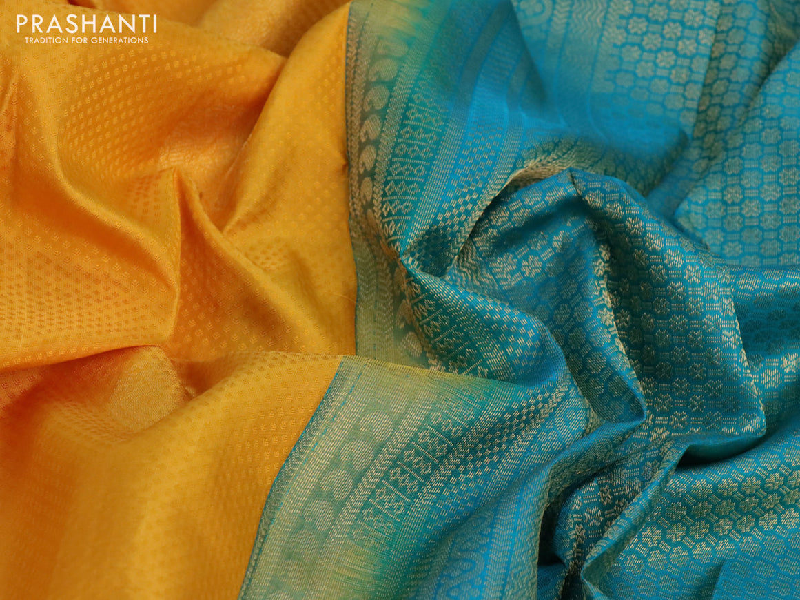 Pure kanchipuram silk saree mango yellow and teal green with self emboss & zari buttas and zari woven border