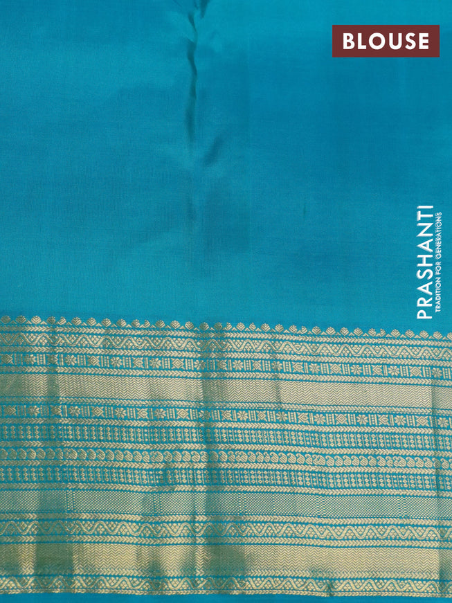 Pure kanchipuram silk saree mango yellow and teal green with self emboss & zari buttas and zari woven border