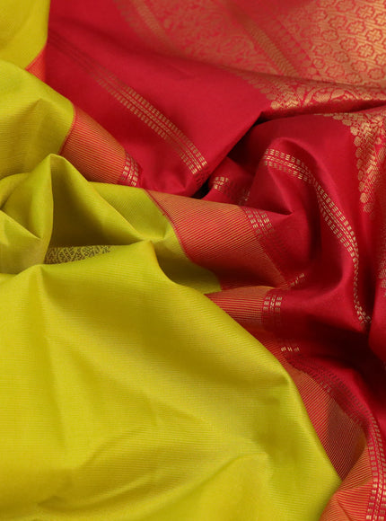 Pure kanchipuram silk saree lime yellow and red with zari woven buttas and long zari woven korvai border