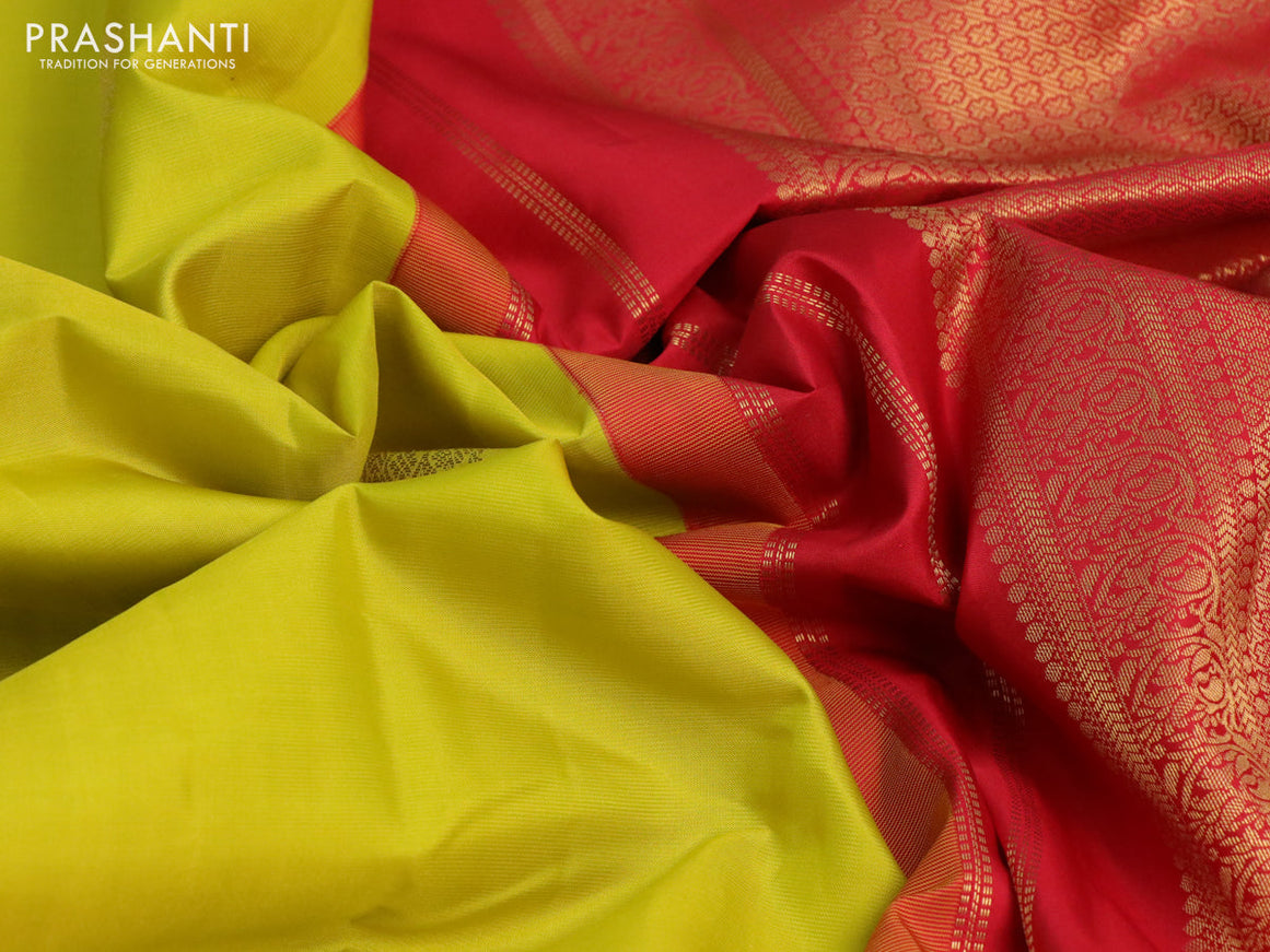 Pure kanchipuram silk saree lime yellow and red with zari woven buttas and long zari woven korvai border