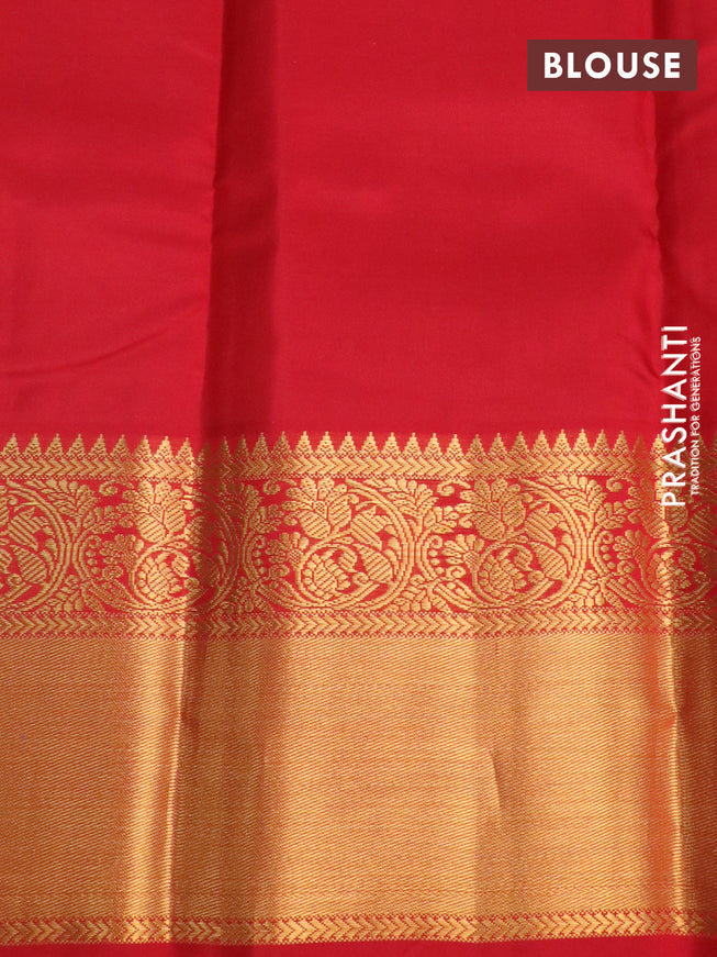 Pure kanchipuram silk saree lime yellow and red with zari woven buttas and long zari woven korvai border