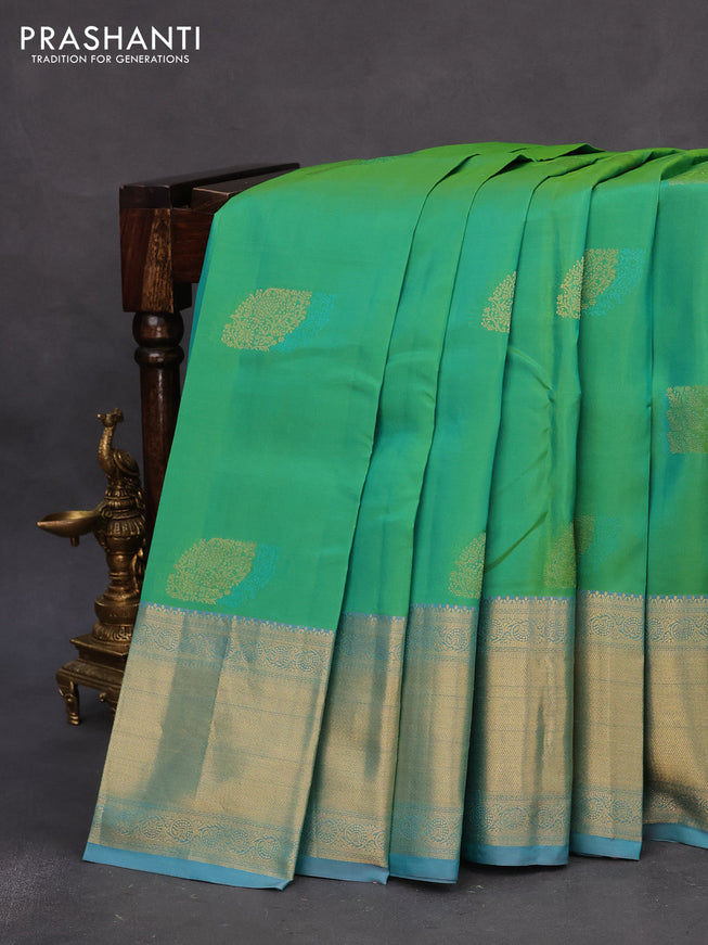 Pure kanchipuram silk saree green and dual shade of blue with zari woven buttas and zari woven border