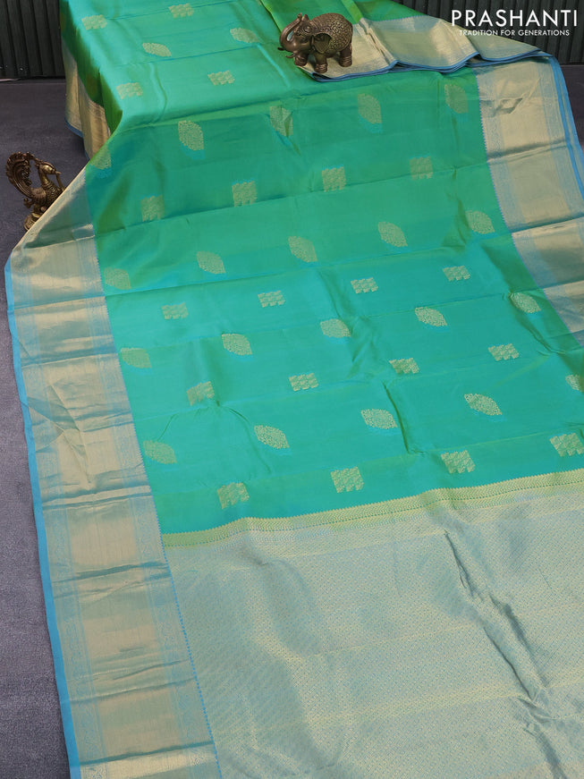 Pure kanchipuram silk saree green and dual shade of blue with zari woven buttas and zari woven border