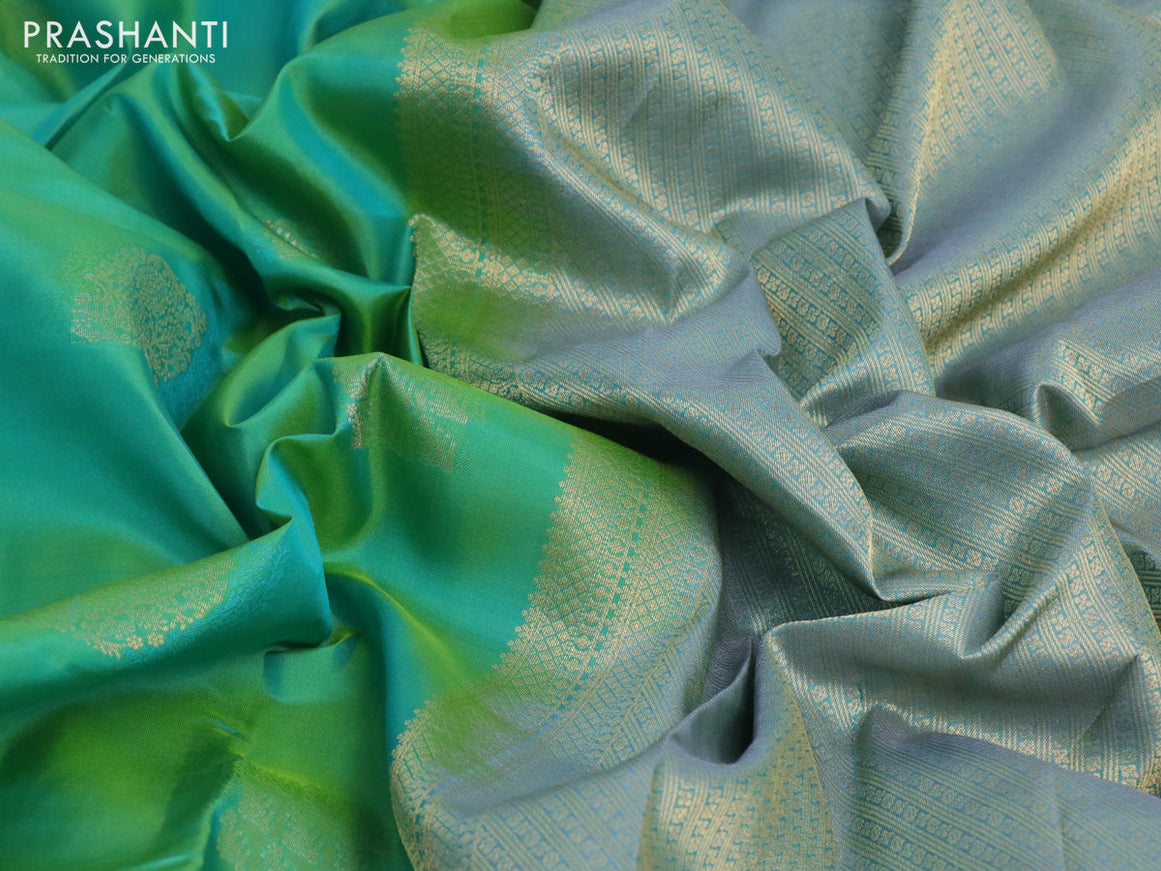 Pure kanchipuram silk saree green and dual shade of blue with zari woven buttas and zari woven border