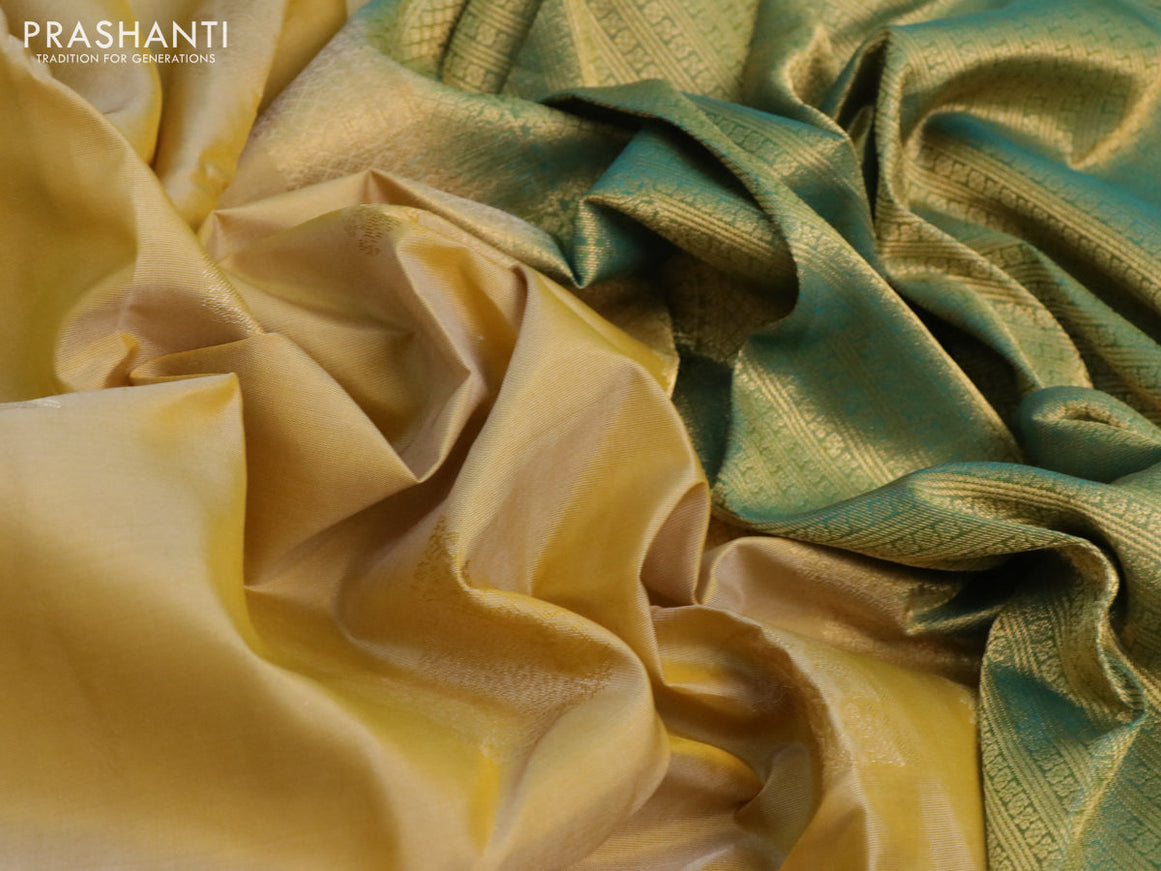 Pure kanchipuram silk saree pale yellow and dual shade of teal green with zari woven buttas and zari woven border