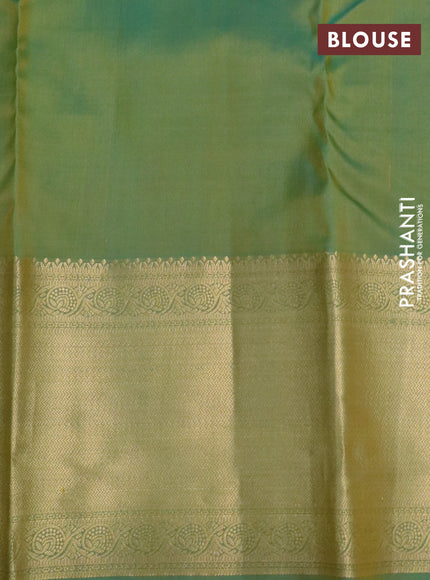 Pure kanchipuram silk saree pale yellow and dual shade of teal green with zari woven buttas and zari woven border