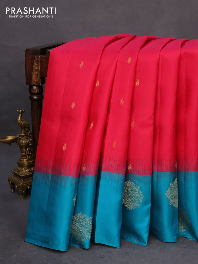 Pure kanchipuram silk saree pink and teal blue with zari woven buttas and zari woven butta border