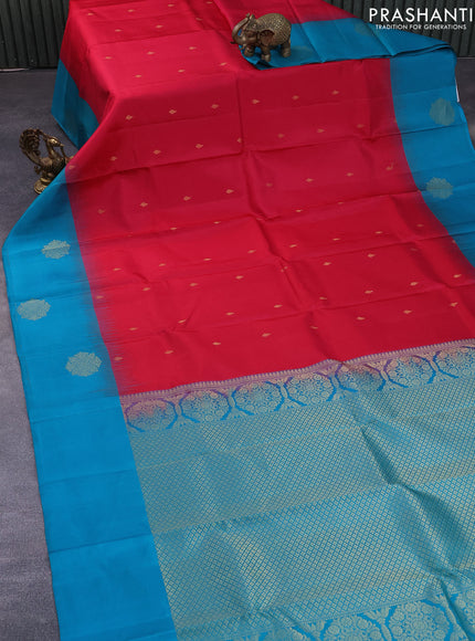 Pure kanchipuram silk saree pink and teal blue with zari woven buttas and zari woven butta border