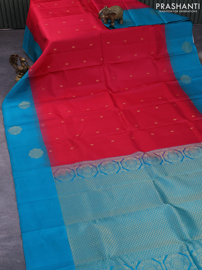 Pure kanchipuram silk saree pink and teal blue with zari woven buttas and zari woven butta border