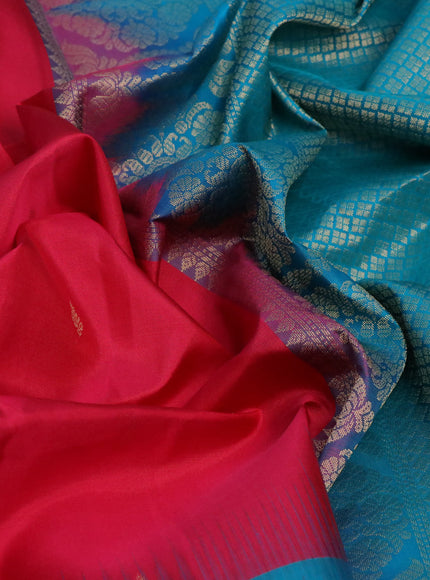 Pure kanchipuram silk saree pink and teal blue with zari woven buttas and zari woven butta border