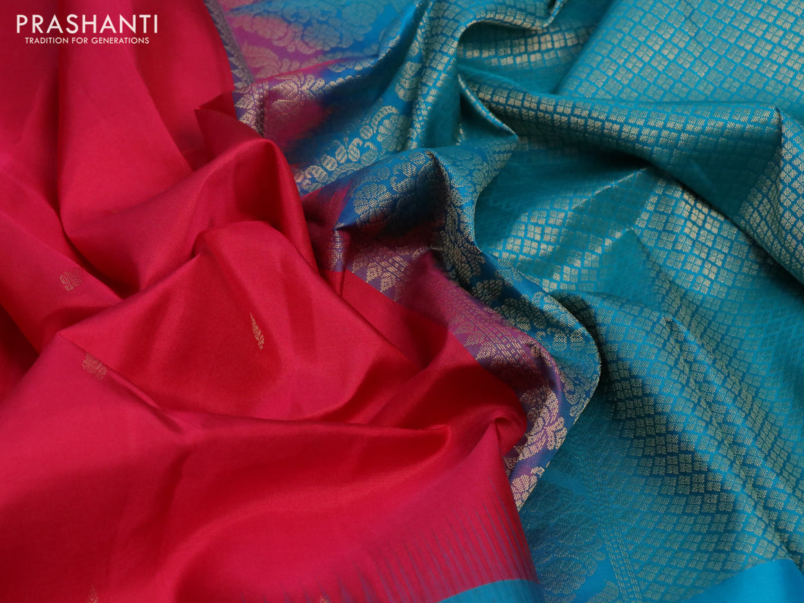 Pure kanchipuram silk saree pink and teal blue with zari woven buttas and zari woven butta border