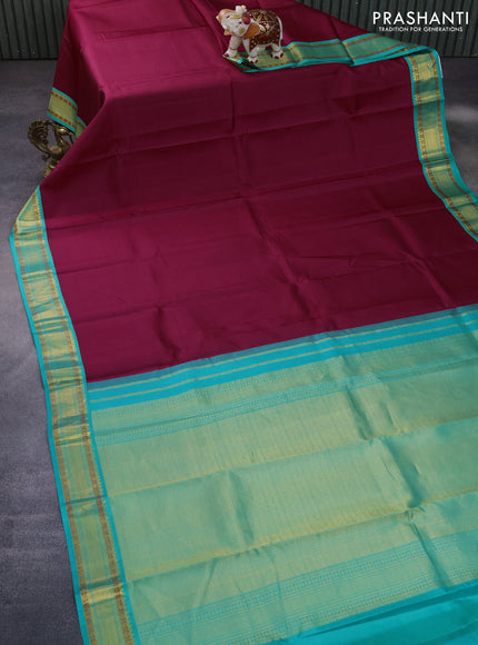 Pure kanchipuram silk saree dark pink and green with plain body and zari woven korvai border