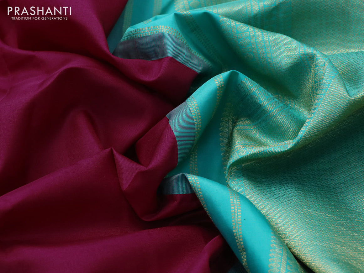 Pure kanchipuram silk saree dark pink and green with plain body and zari woven korvai border