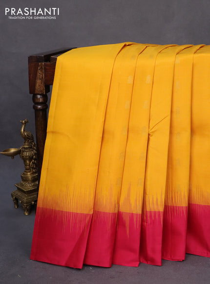 Pure kanchipuram silk saree mango yellow with allover zari weaves and ganga jamuna border