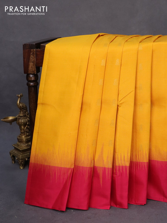 Pure kanchipuram silk saree mango yellow with allover zari weaves and ganga jamuna border