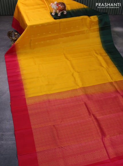 Pure kanchipuram silk saree mango yellow with allover zari weaves and ganga jamuna border