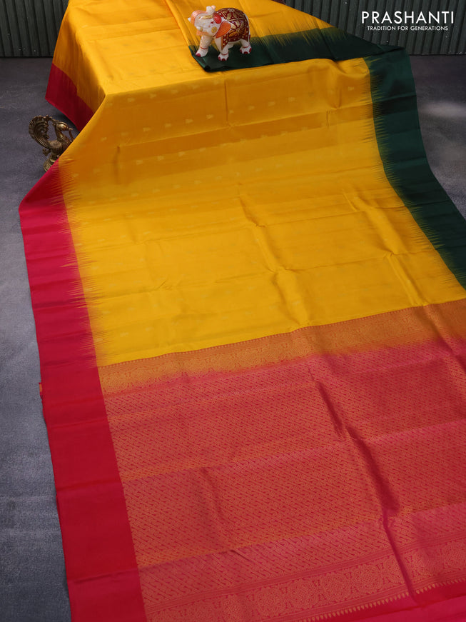 Pure kanchipuram silk saree mango yellow with allover zari weaves and ganga jamuna border