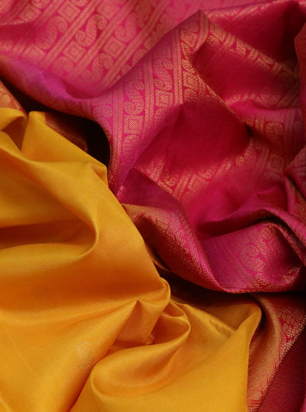 Pure kanchipuram silk saree mango yellow with allover zari weaves and ganga jamuna border