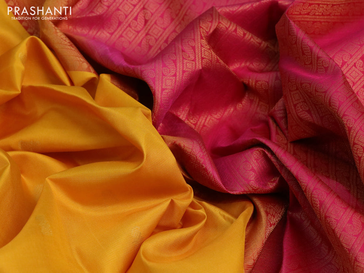 Pure kanchipuram silk saree mango yellow with allover zari weaves and ganga jamuna border