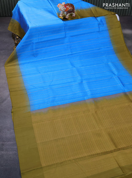 Pure kanchipuram silk saree cs blue and mehendi green with allover zari weaves and simple border