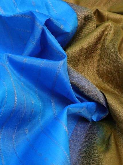 Pure kanchipuram silk saree cs blue and mehendi green with allover zari weaves and simple border