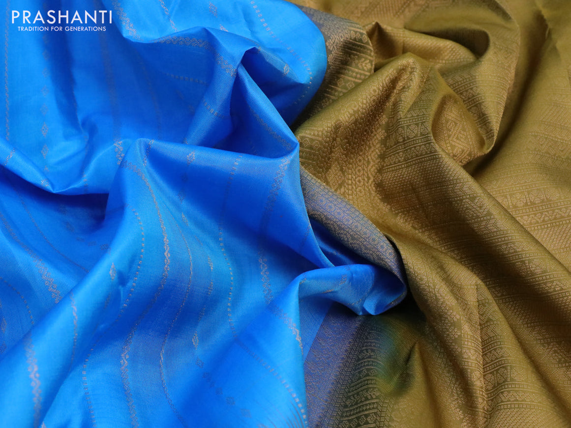 Pure kanchipuram silk saree cs blue and mehendi green with allover zari weaves and simple border