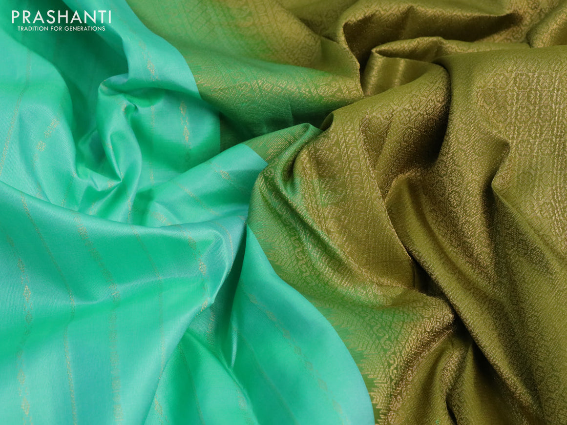 Pure kanchipuram silk saree teal green and mehendi green with allover zari weaves and simple border