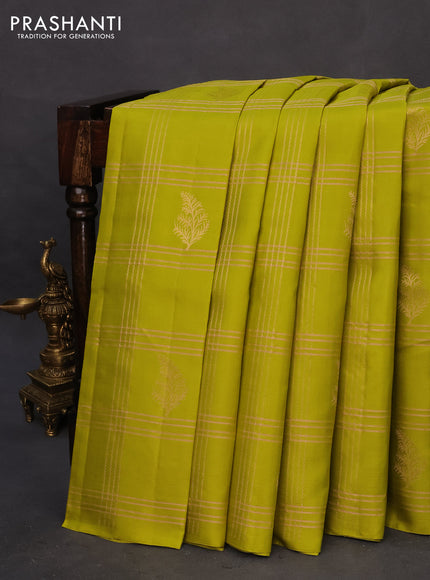 Pure kanchipuram silk saree lime green and mauve pink with allover zari checks & buttas in borderless style