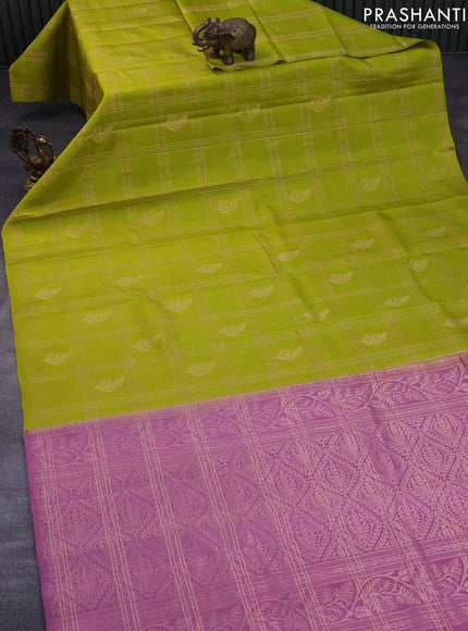 Pure kanchipuram silk saree lime green and mauve pink with allover zari checks & buttas in borderless style