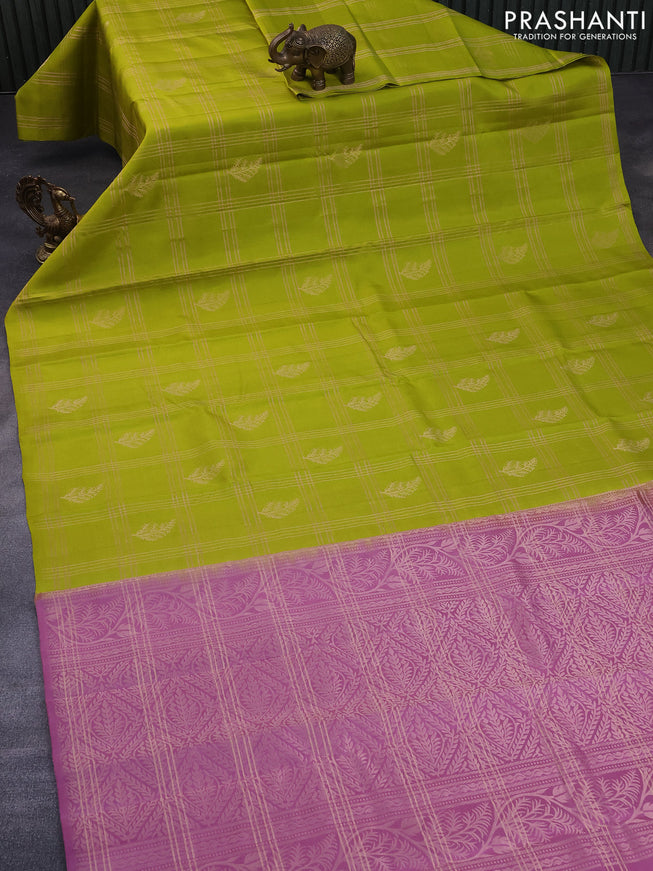 Pure kanchipuram silk saree lime green and mauve pink with allover zari checks & buttas in borderless style