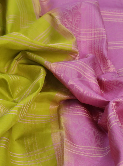 Pure kanchipuram silk saree lime green and mauve pink with allover zari checks & buttas in borderless style