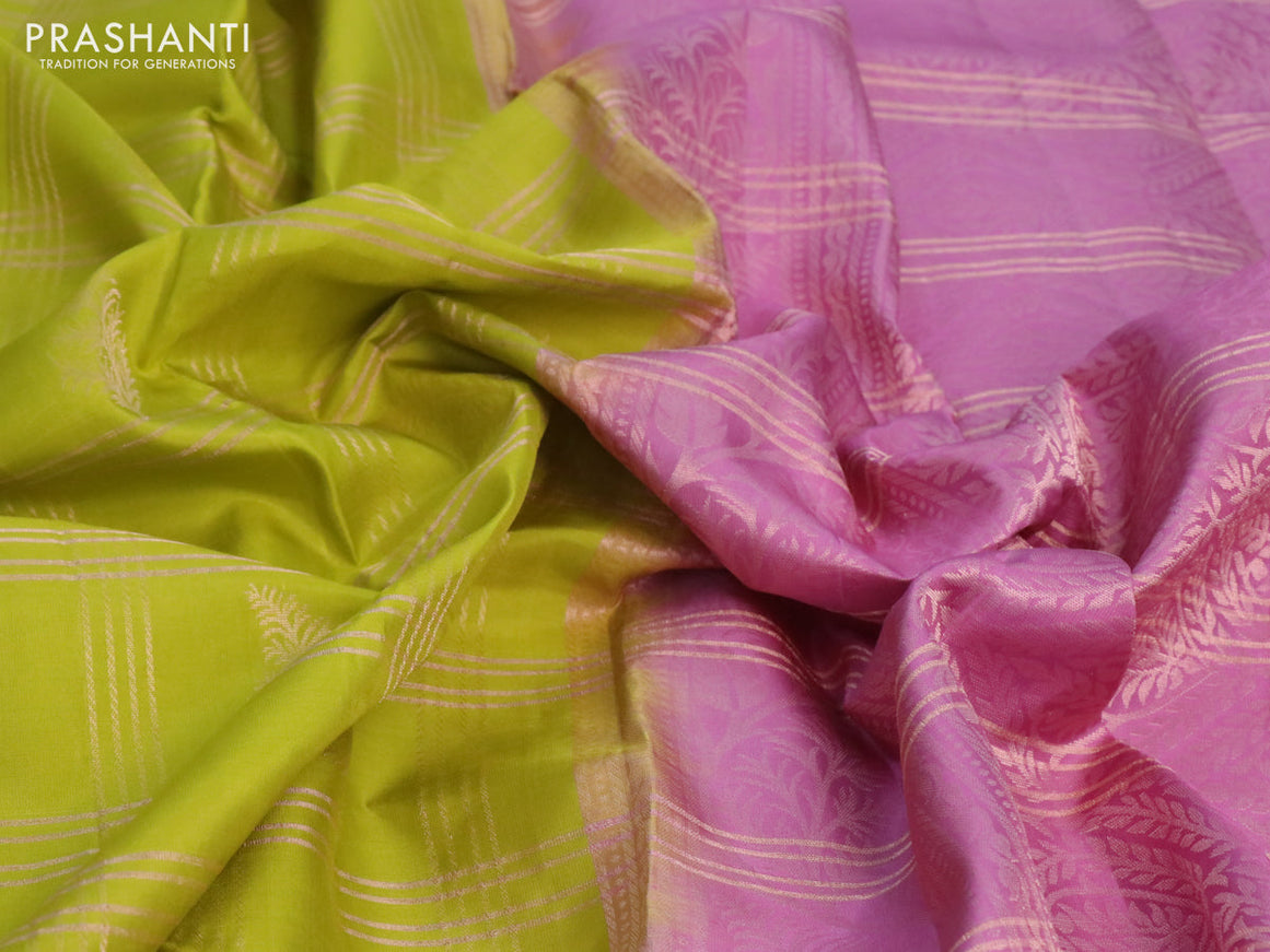 Pure kanchipuram silk saree lime green and mauve pink with allover zari checks & buttas in borderless style