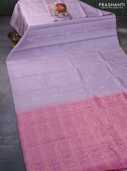 Pure kanchipuram silk saree pastel grey and mauve pink with allover zari checks & buttas in borderless style