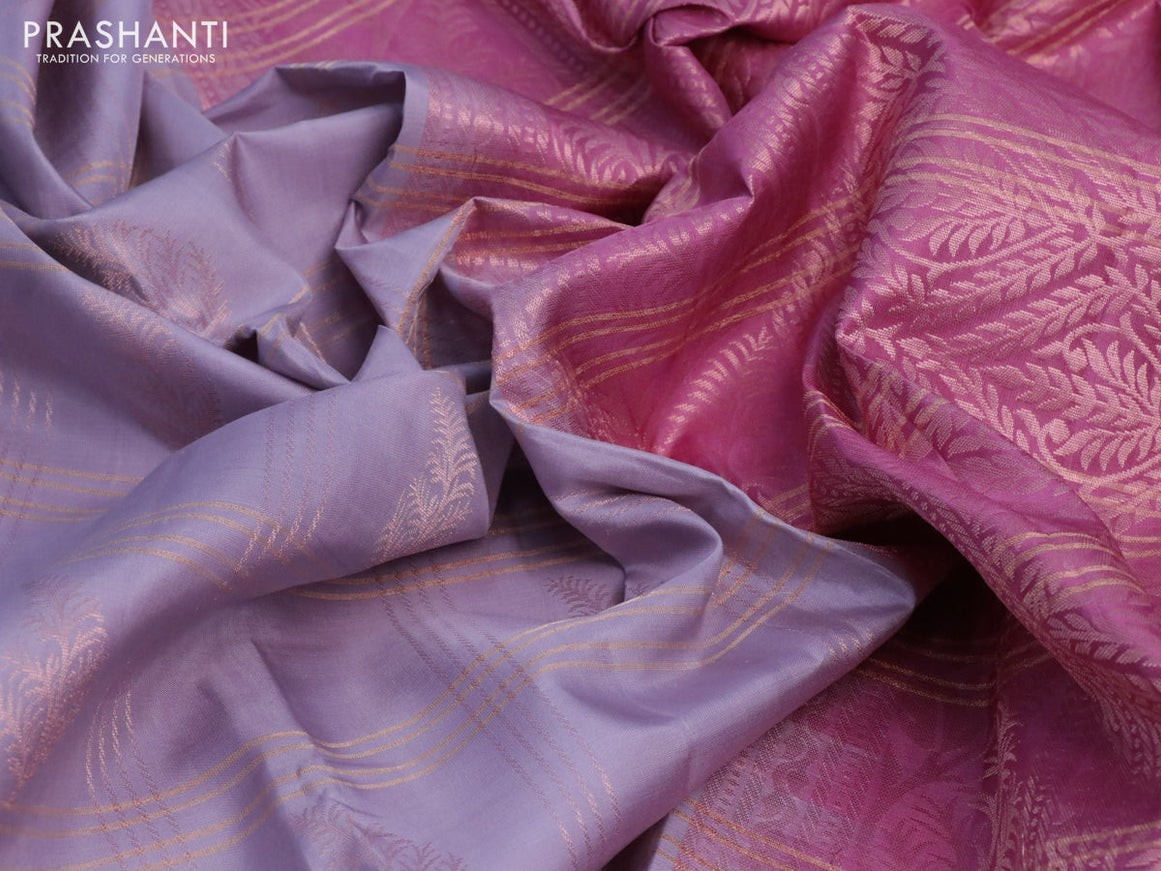 Pure kanchipuram silk saree pastel grey and mauve pink with allover zari checks & buttas in borderless style