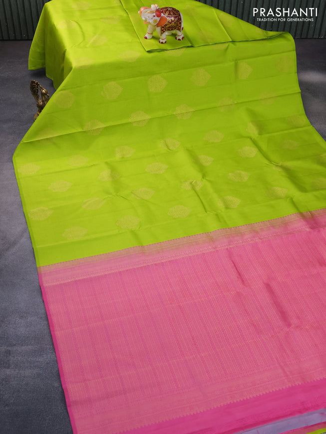 Pure kanchipuram silk saree light green and pink with allover zari weaves in borderless style