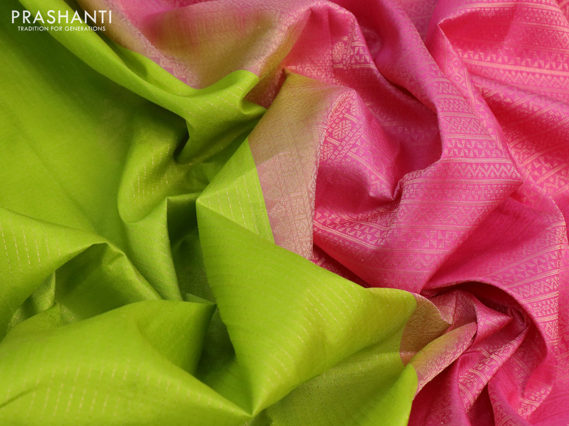 Pure kanchipuram silk saree light green and pink with allover zari weaves in borderless style