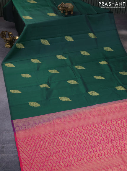 Pure kanchipuram silk saree green and dual shade of pinkish orange with zari woven buttas and piping border