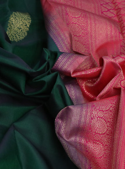 Pure kanchipuram silk saree green and dual shade of pinkish orange with zari woven buttas and piping border