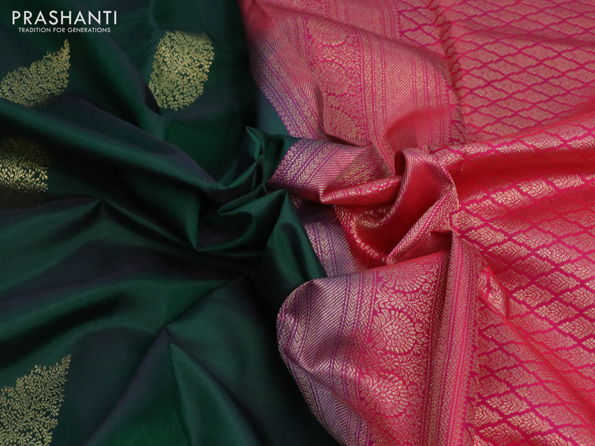 Pure kanchipuram silk saree green and dual shade of pinkish orange with zari woven buttas and piping border