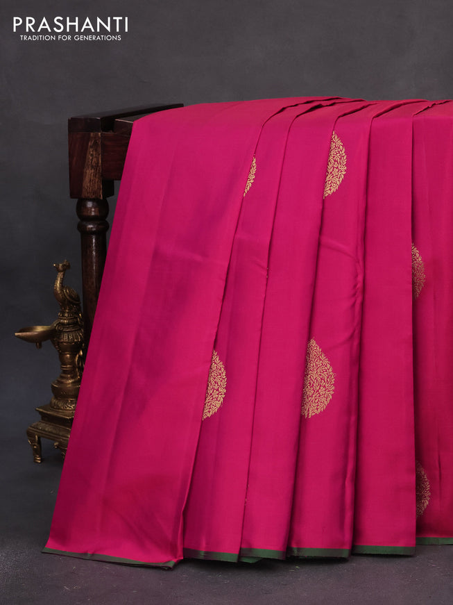 Pure kanchipuram silk saree dual shade of pink and dual shade of green with zari woven buttas and piping border