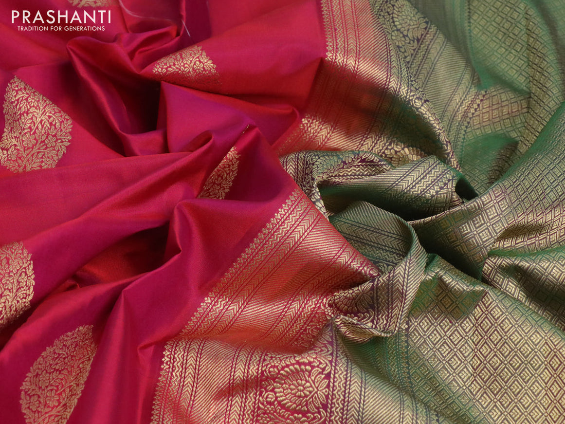 Pure kanchipuram silk saree dual shade of pink and dual shade of green with zari woven buttas and piping border