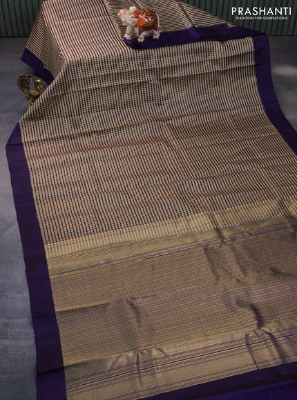 Pure kanchipuram silk saree wine shade beige and blue with allover zari checked pattern and simple border