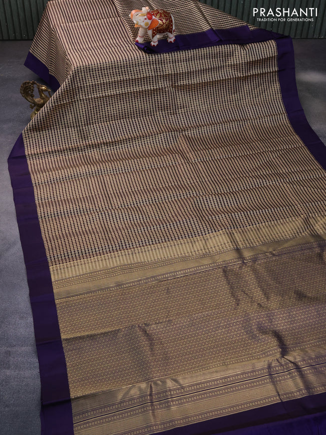 Pure kanchipuram silk saree wine shade beige and blue with allover zari checked pattern and simple border