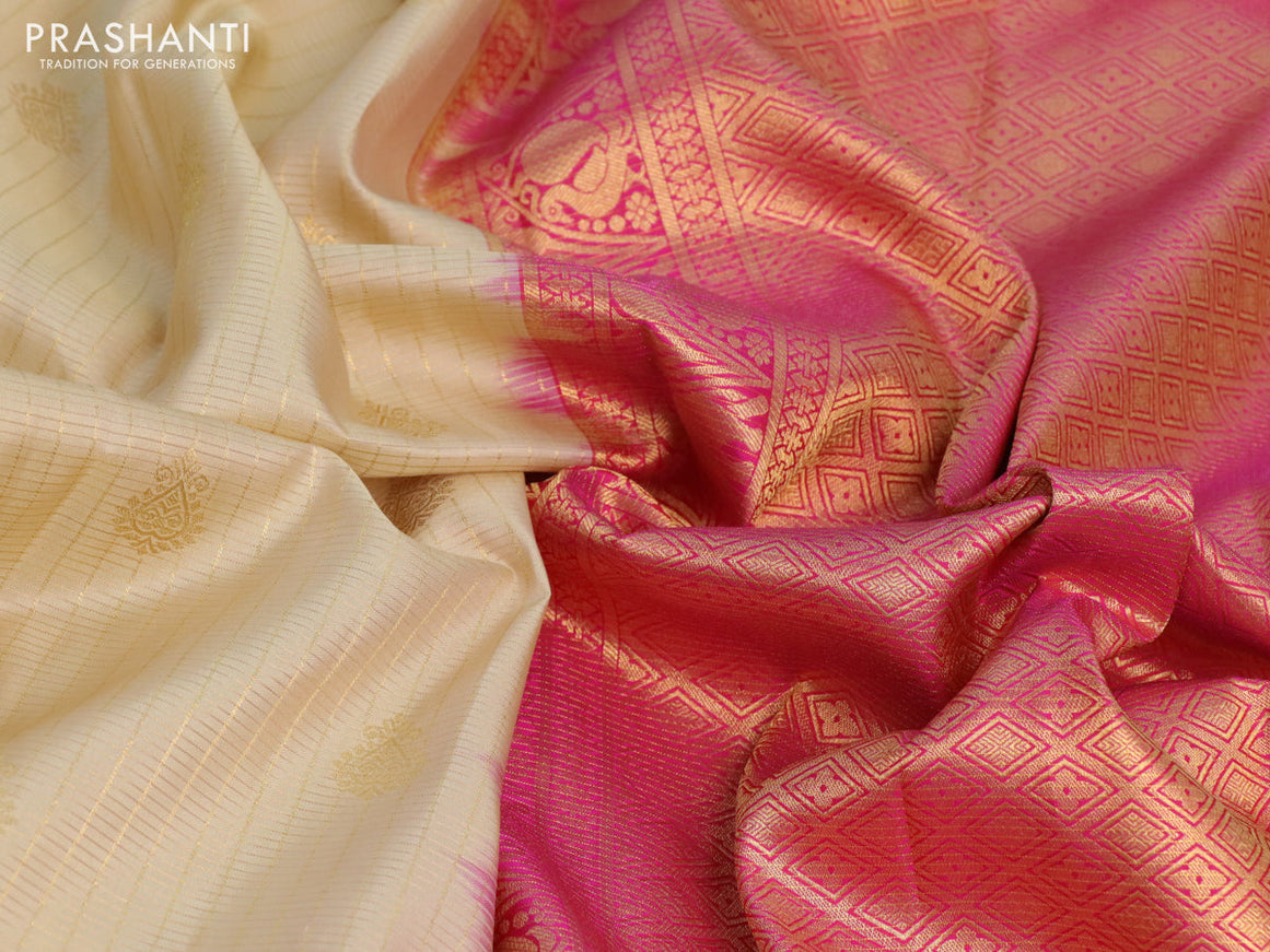 Pure kanchipuram silk saree sandal and pink with allover zari checks & buttas and long zari woven korvai border