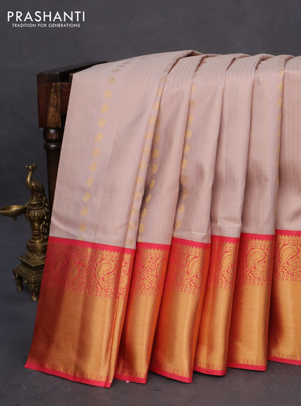 Pure kanchipuram silk saree beige and pink with allover zari checks & buttas and long annam zari woven korvai border