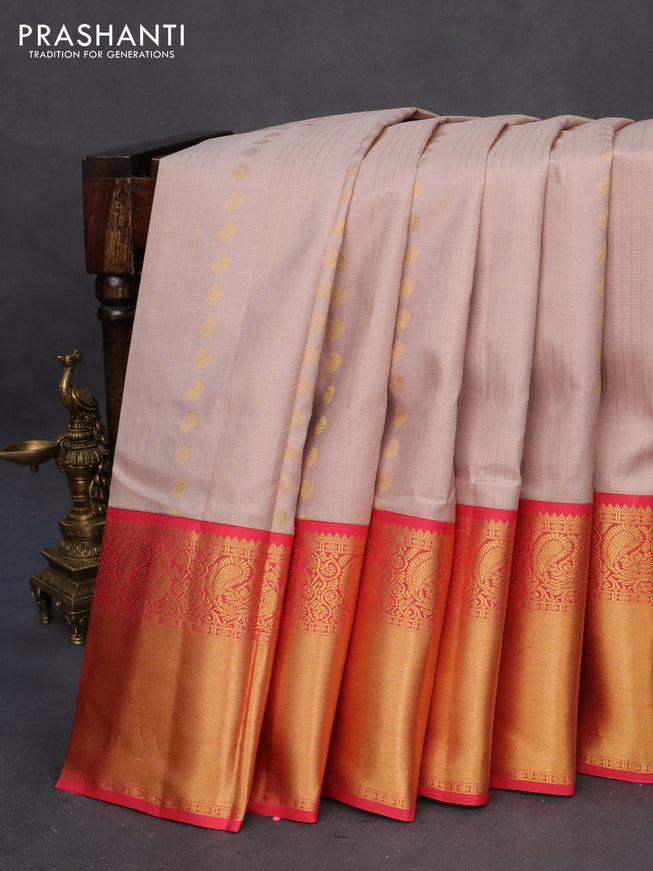 Pure kanchipuram silk saree beige and pink with allover zari checks & buttas and long annam zari woven korvai border