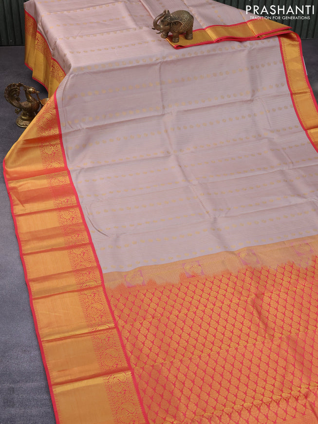 Pure kanchipuram silk saree beige and pink with allover zari checks & buttas and long annam zari woven korvai border